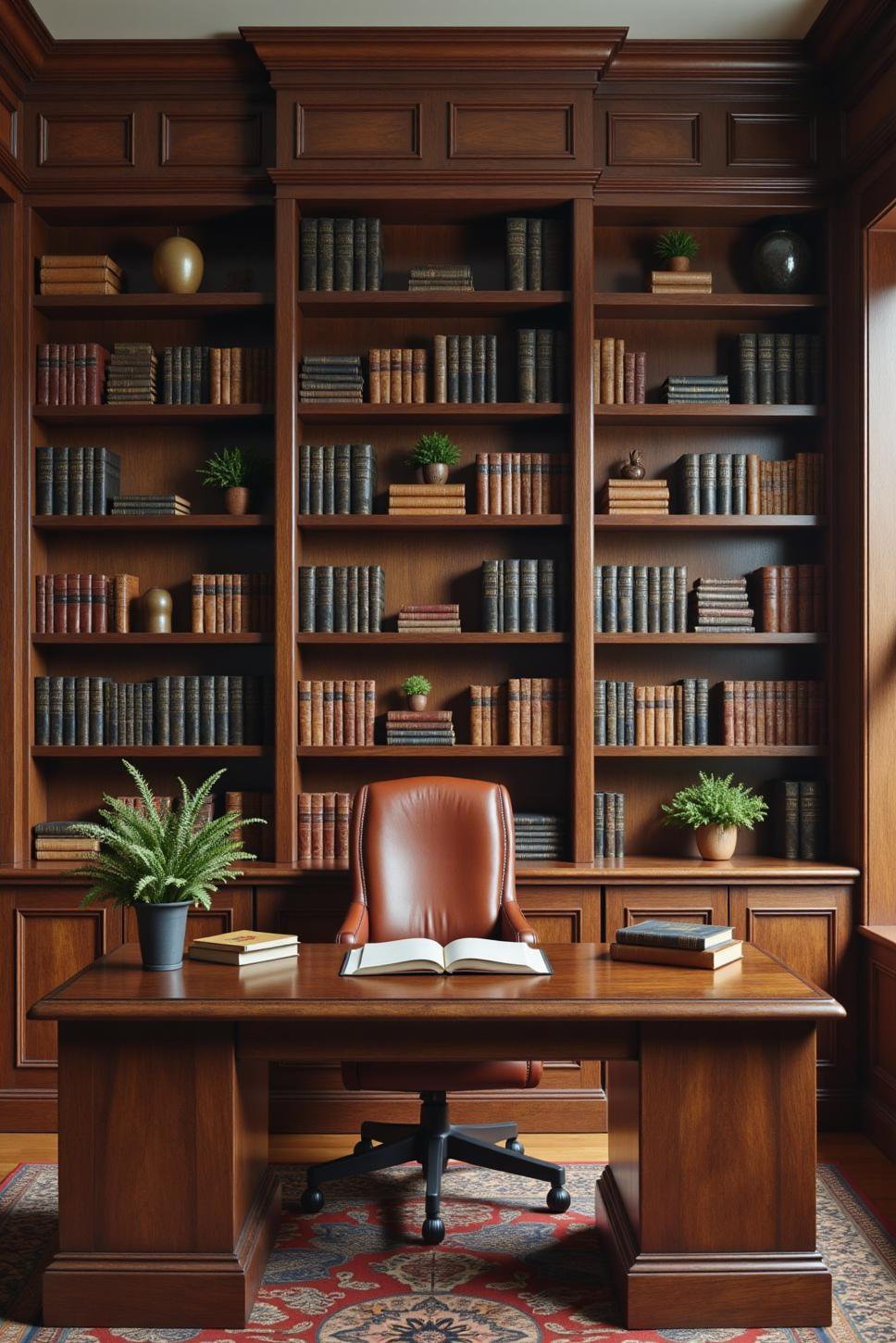 Masculine Home Office: Dark Wood Bookshelves & Desk