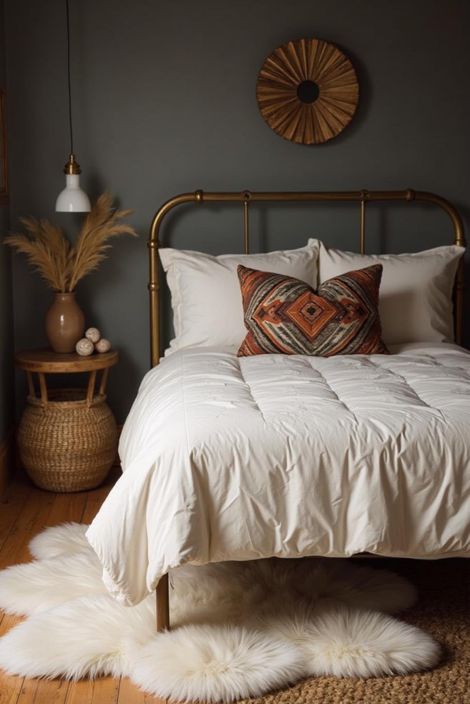 Bohemian Chic Bedroom: White Faux Fur Rug
