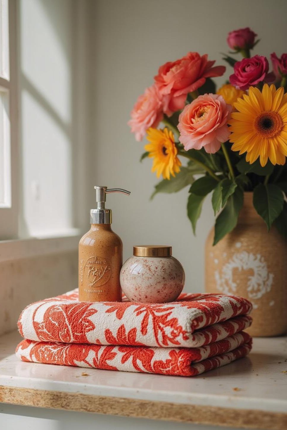 Colorful Guest Bathroom: Patterned Towels & Fresh Flowers