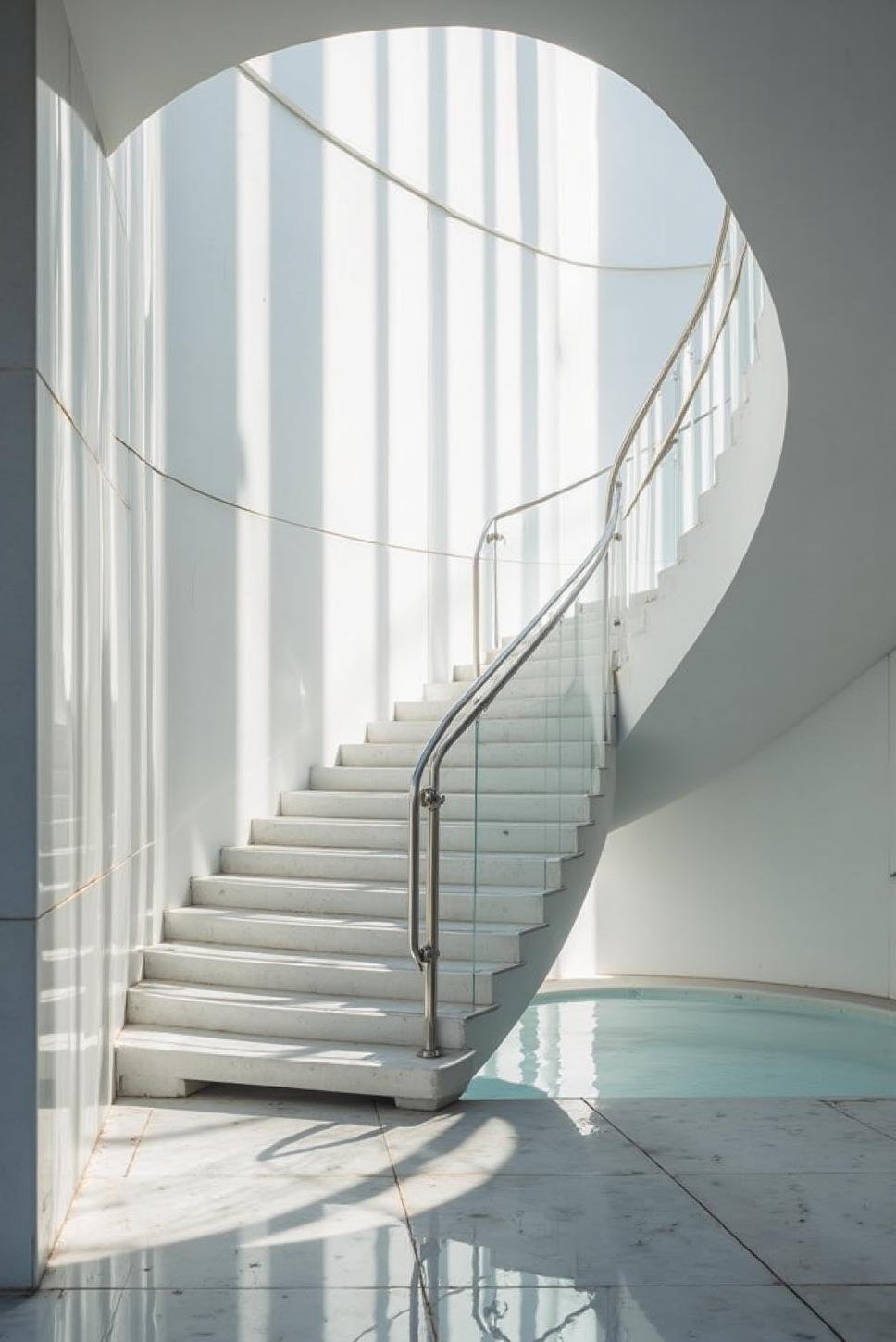 Futuristic Glass Staircase: High-Contrast White Photography