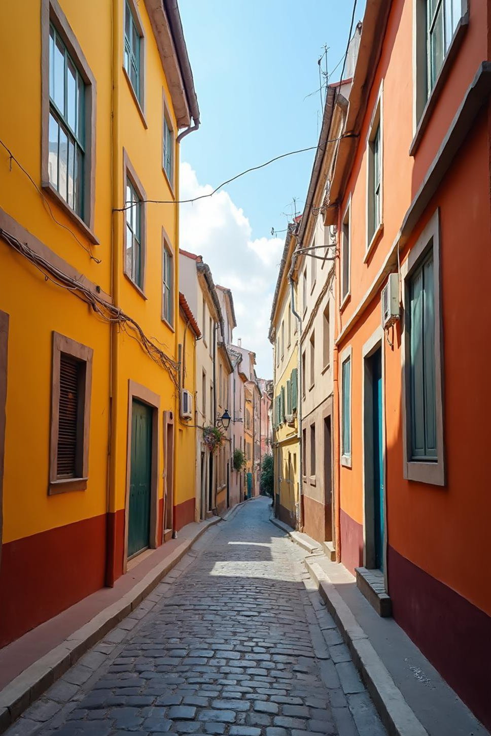 Charming Cobbled Street: Colorful Buildings & Sunny Day