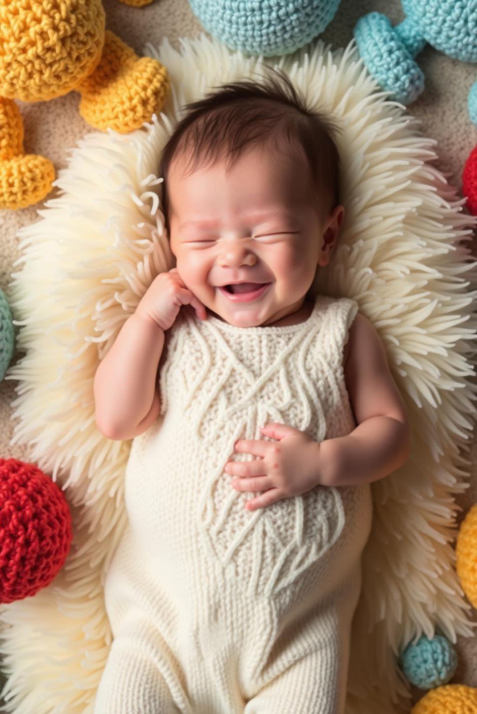 Happy Newborn Boy on Cream Rug with Crochet Toys