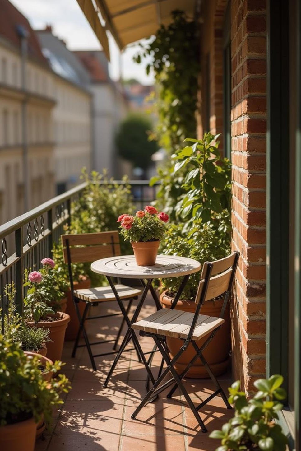 Charming Balcony Garden: Bistro Set & Climbing Plants