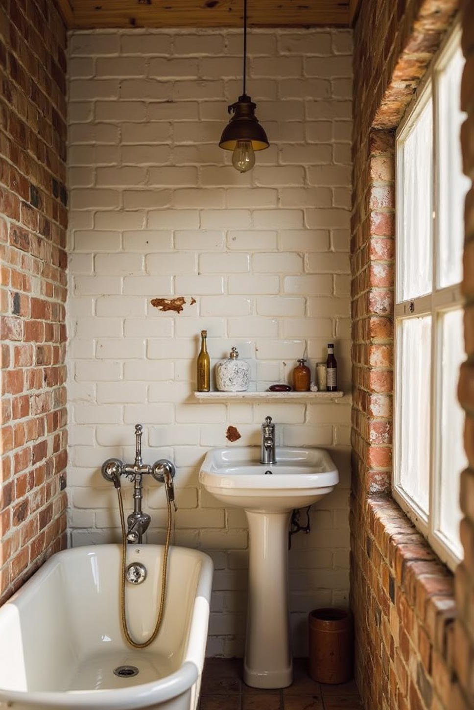 Creamy Off-White DIY Brick Accent Wall Bathroom