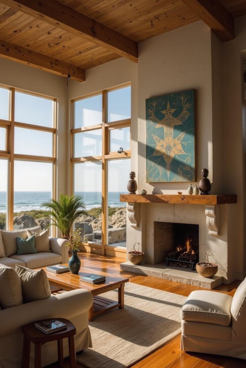 Ocean View Beach House Living Room with Fireplace