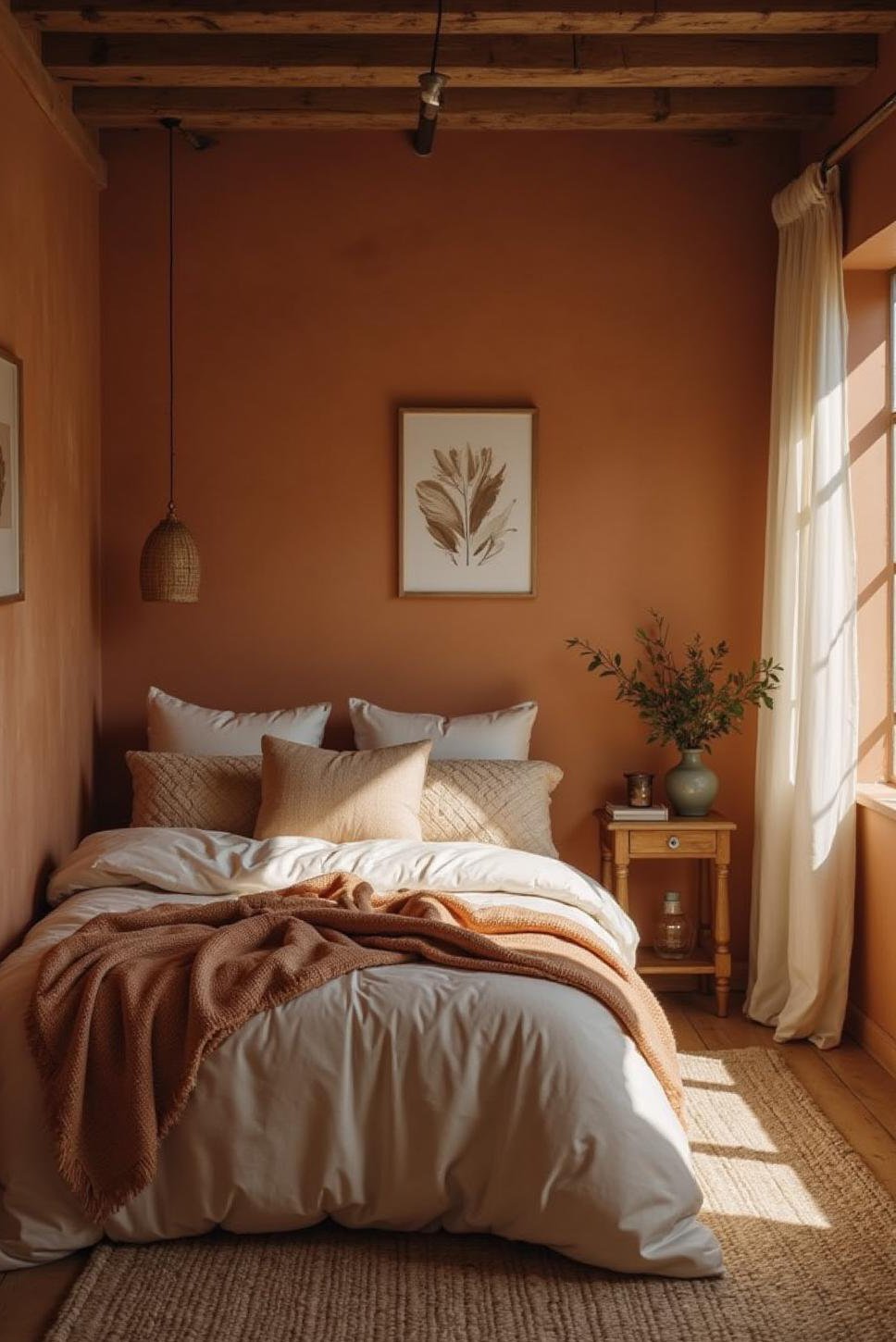 Cozy Rustic-Chic Bedroom: Warm Brown & Cream