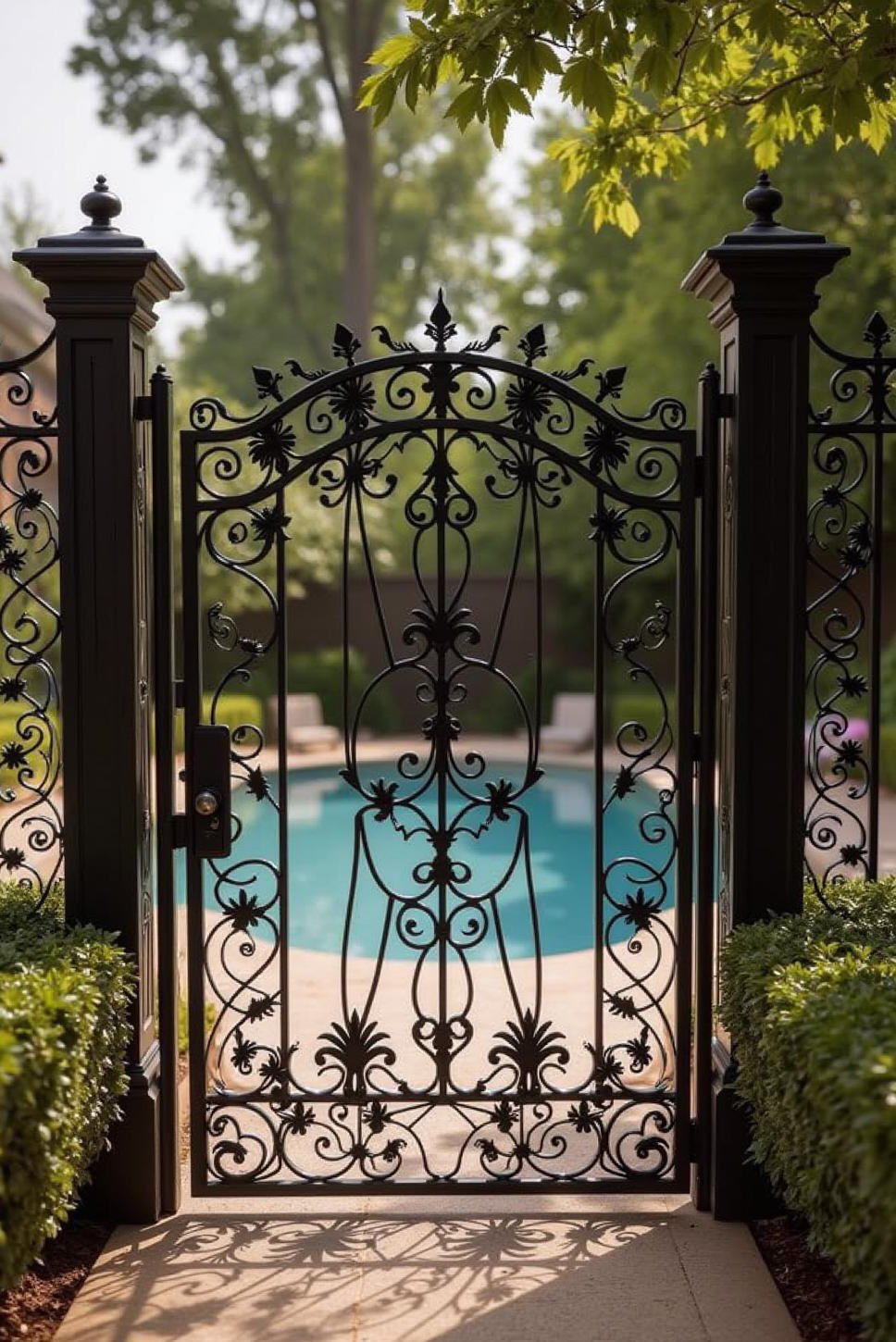 Elegant Black Metal Pool Fence: Laser-Cut Designs
