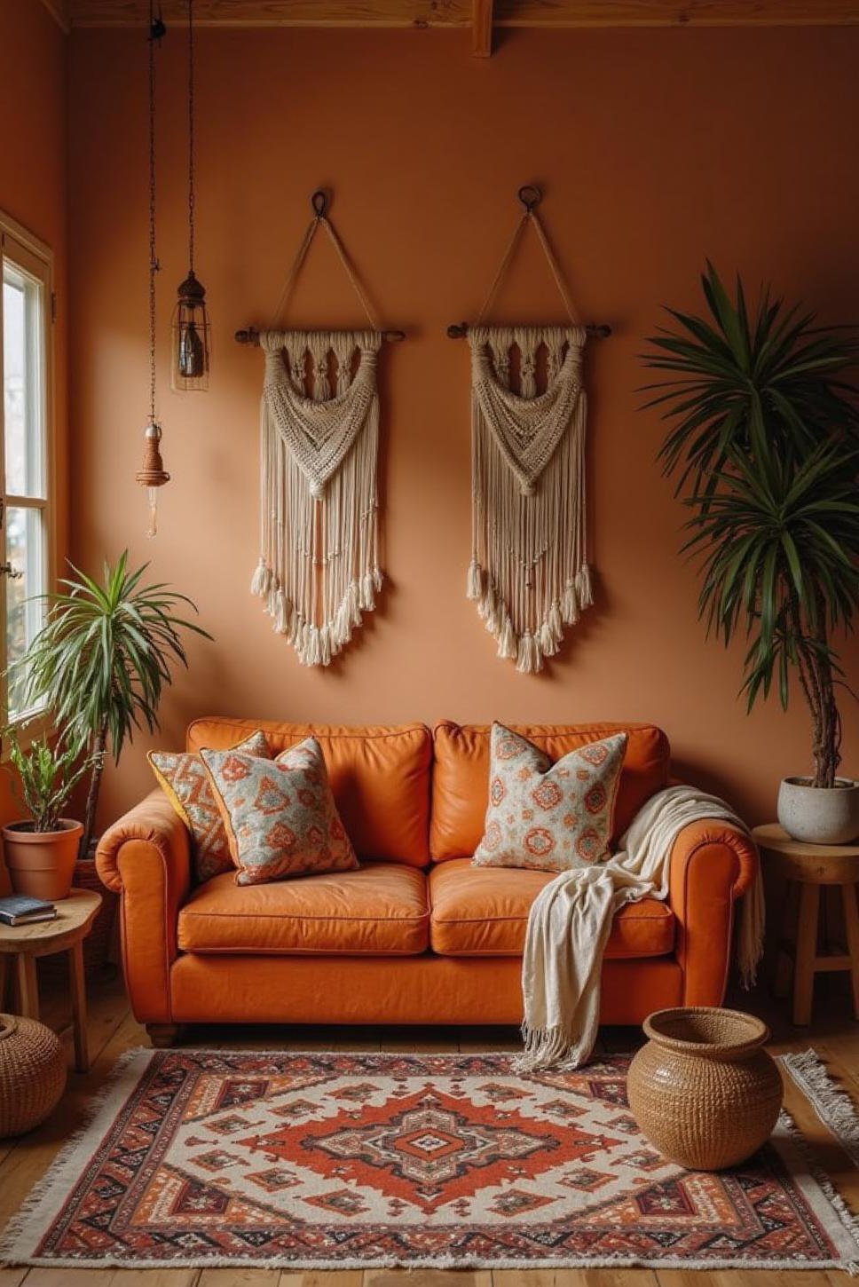 Bohemian Burnt Orange Living Room with Patterned Couch