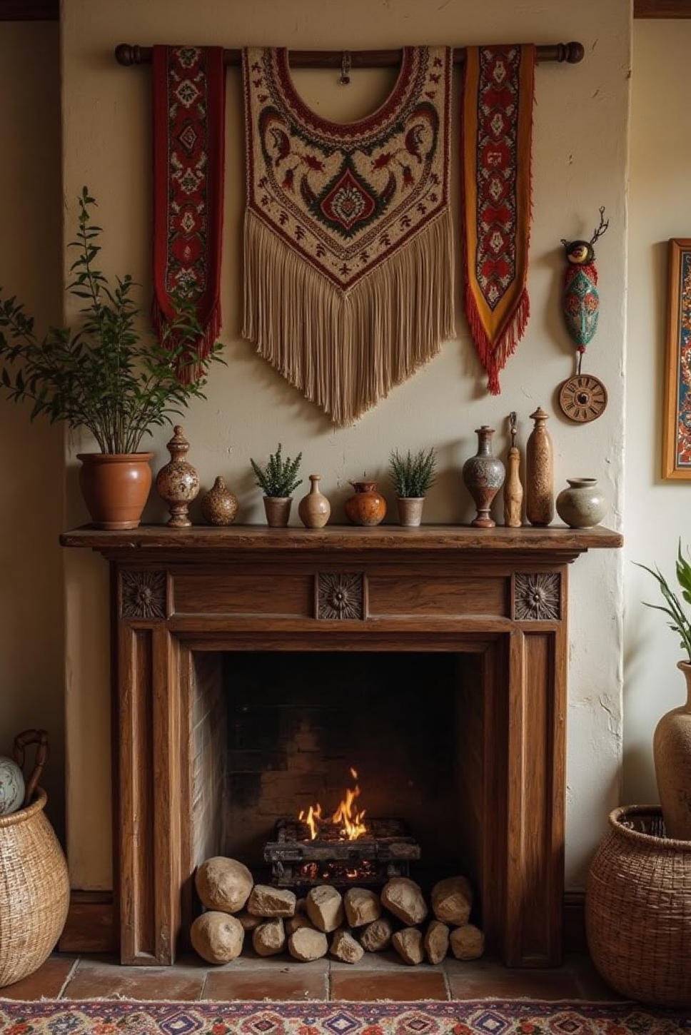 Bohemian Mantel Decor: Colorful Textiles & Macrame