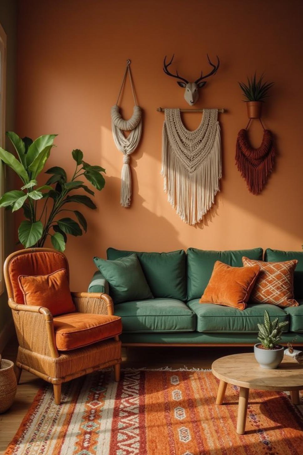 Bohemian Green and Orange Living Room Design