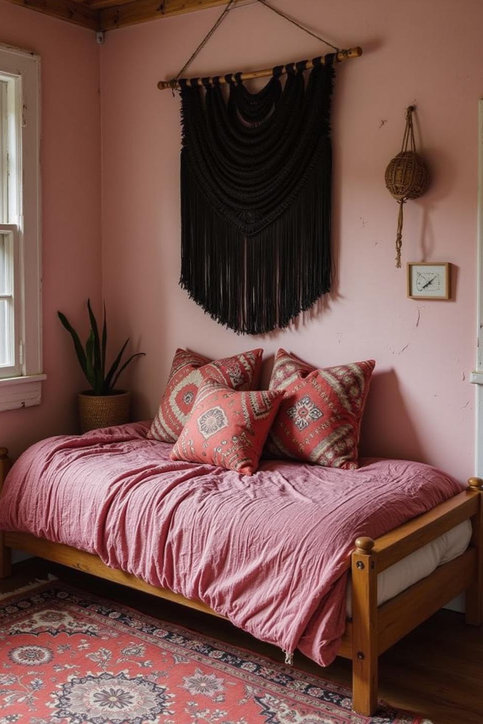 Bohemian Pink & Black Bedroom: Layered Textures & Patterns