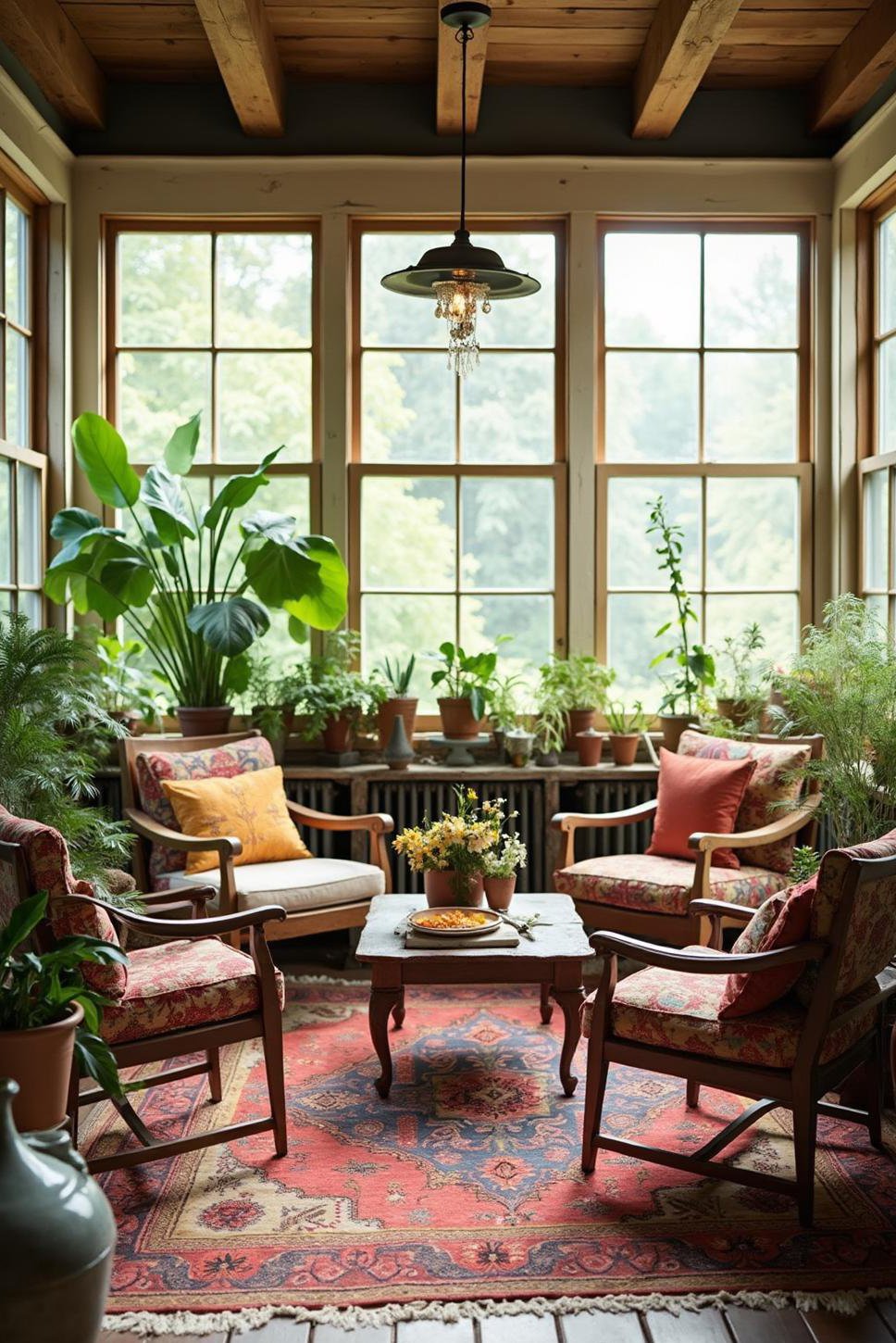 Boho Sunroom: Colorful Textiles & Vintage Chairs