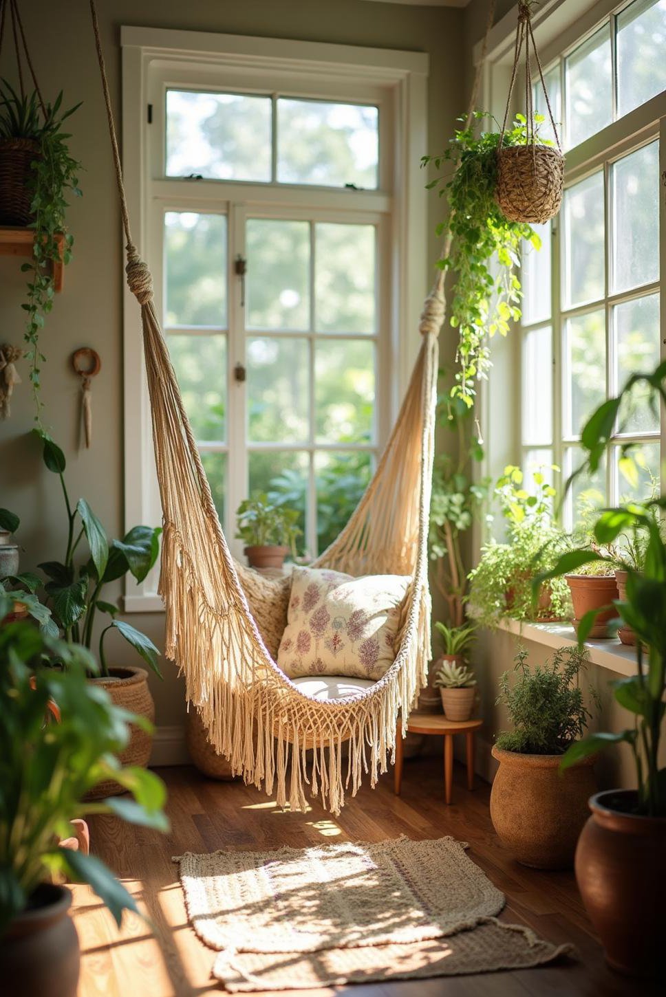 Boho Sunroom Ideas: Woven Hammock & Plants