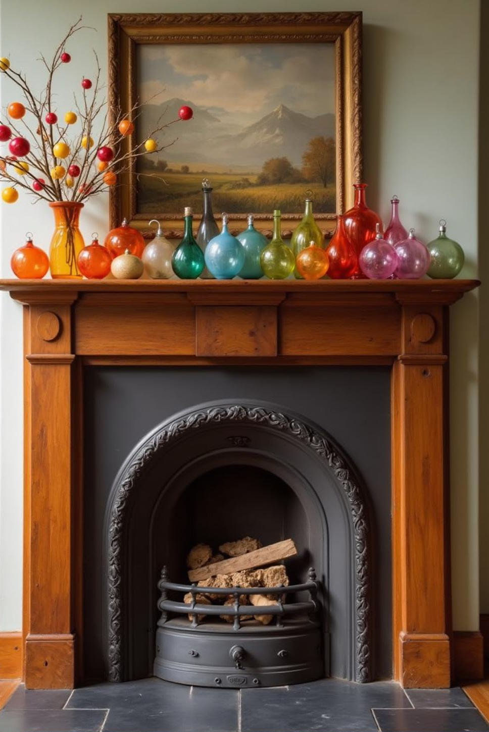 Colorful Spring Mantel Decor on Cherry Wood