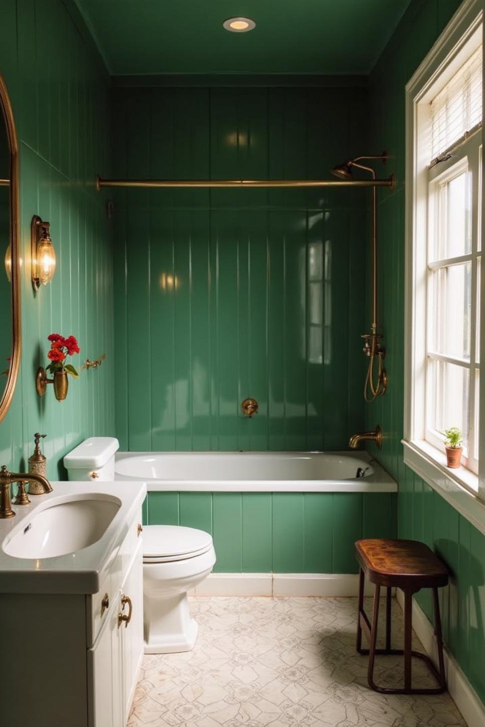 Emerald Green Feature Wall: Art Deco Bathroom Design