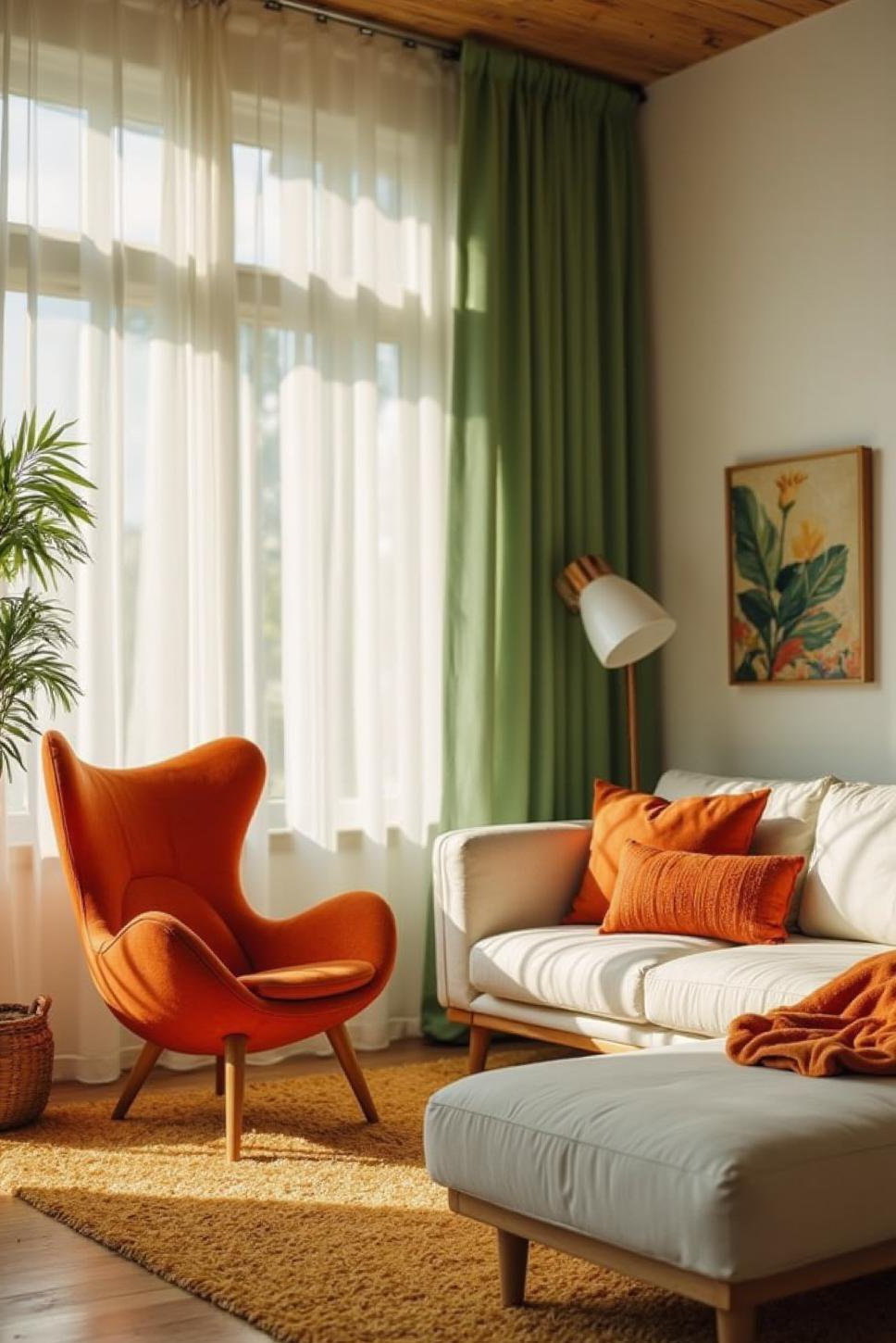 Bright Green & Orange Living Room with White Sofa