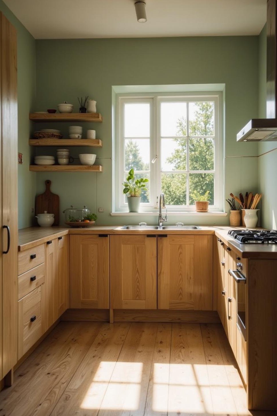 Bright Sage Green Kitchen: Oak Cabinets & Sunlight