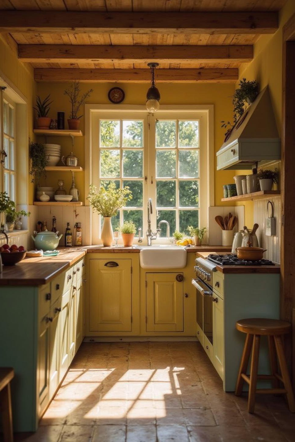 Sunlit French Country Kitchen: Green & Yellow Palette