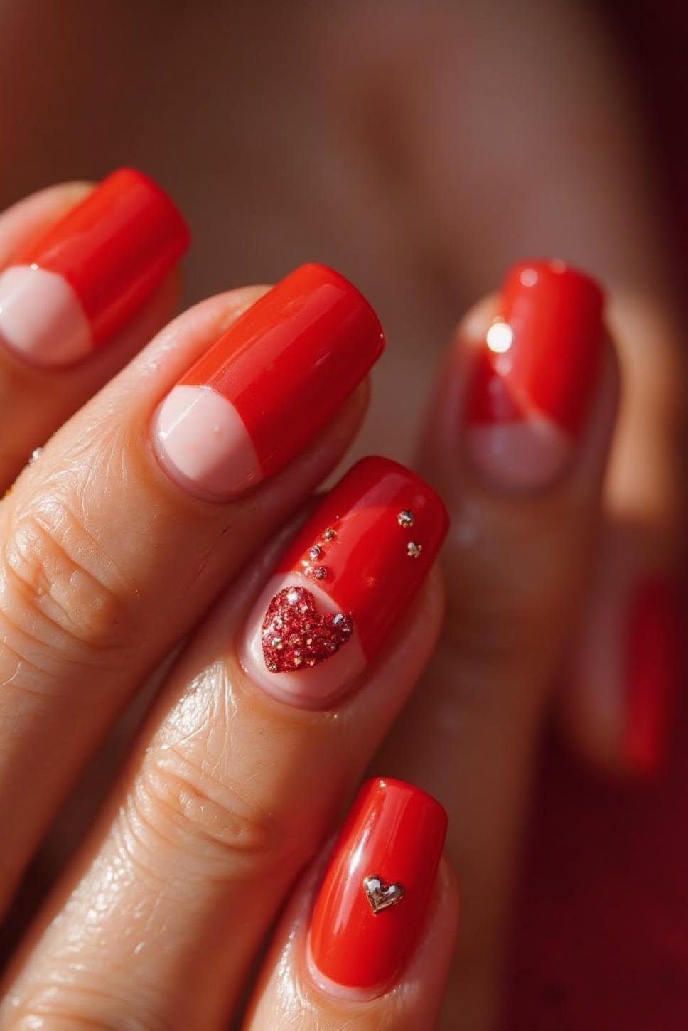 Bright Red & Glitter Valentine Nail Art