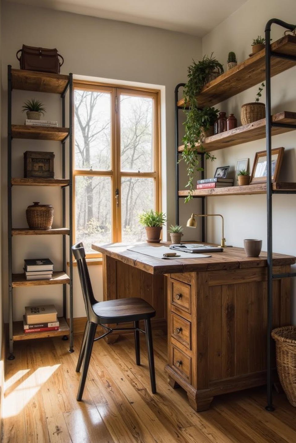 Bright Modern Farmhouse Office: Industrial Shelving & Table