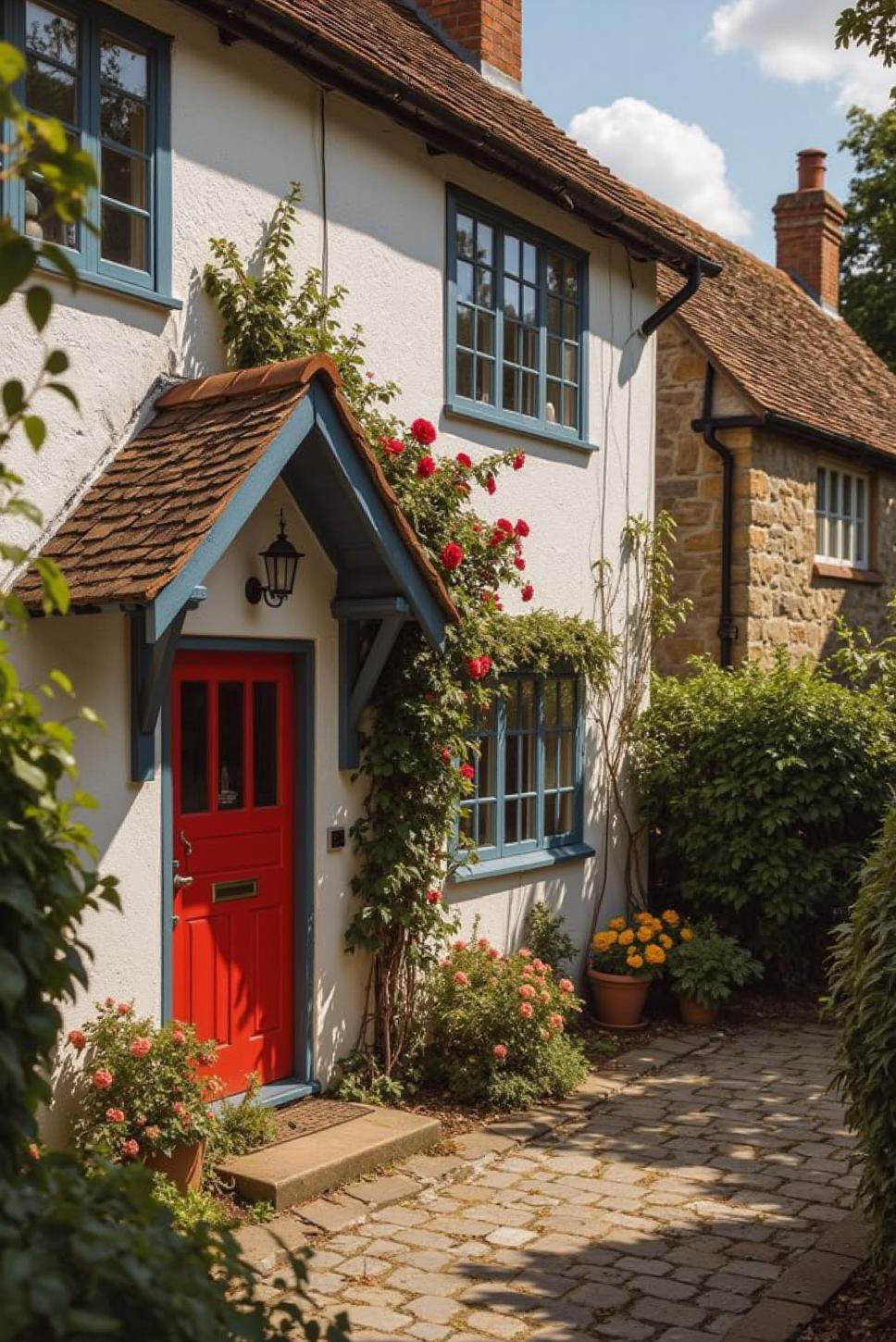 Whitewashed English Cottage with Red Door & Roses