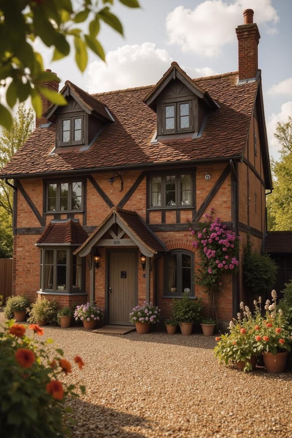 Charming English Farmhouse Exterior with Brick and Timber