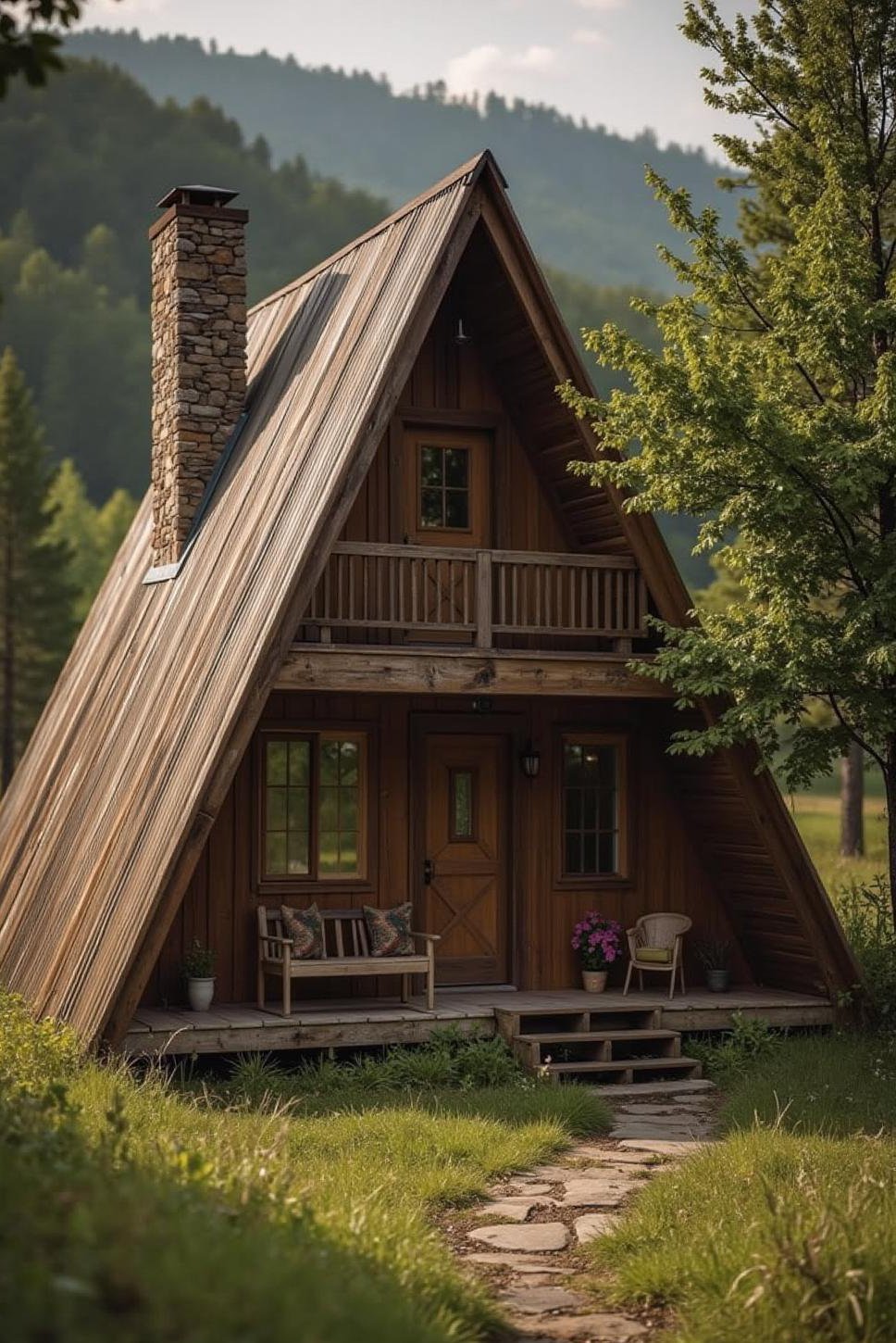 Charming A-Frame Cabin: Weathered Wood & Stone