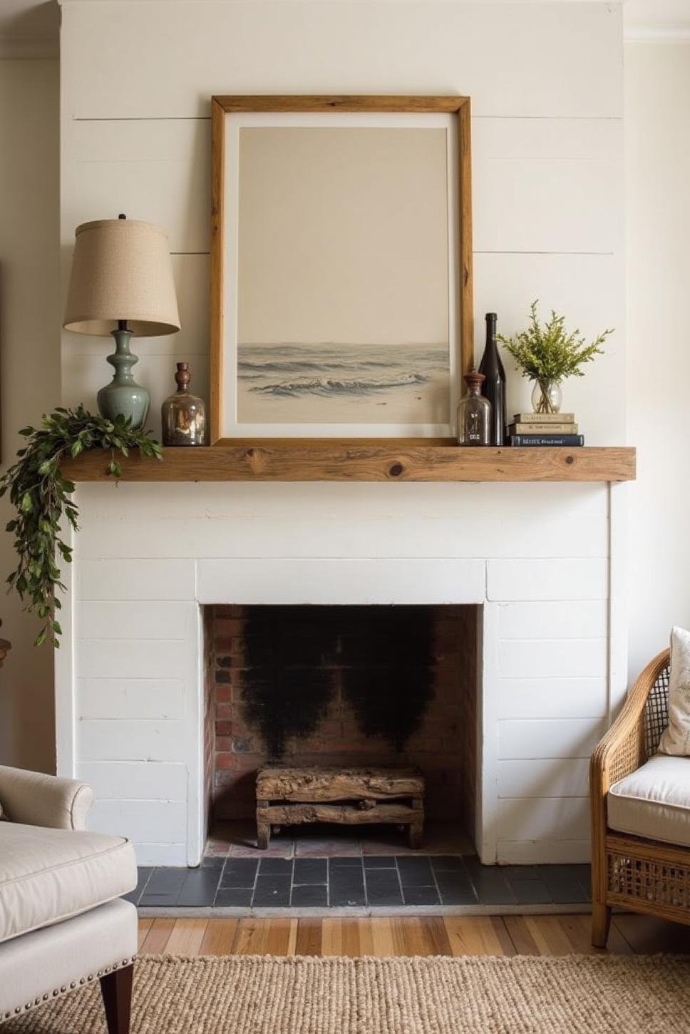 Creamy White Shiplap Fireplace in Farmhouse Living Room