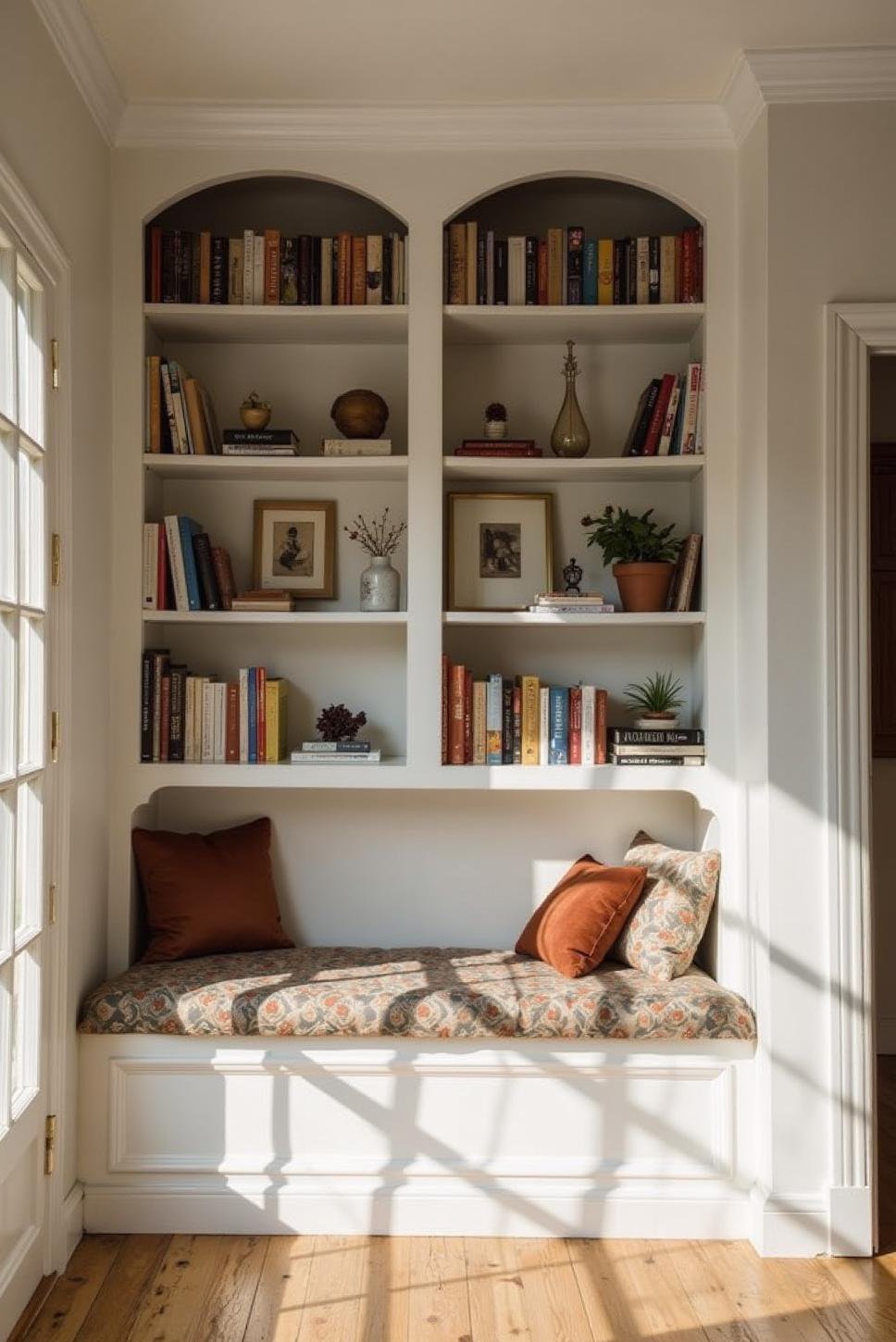 Cozy Reading Nook: White Bookshelf with Seating