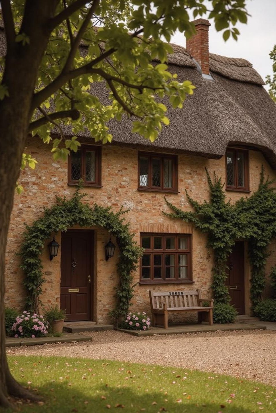 Rustic Brick Farmhouse with Thatched Roof & Apple Tree