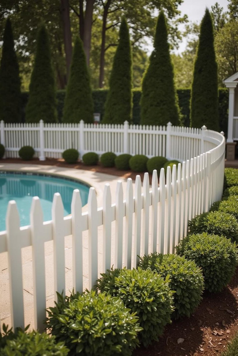Classic White Picket Fence & Lush Pool Landscaping