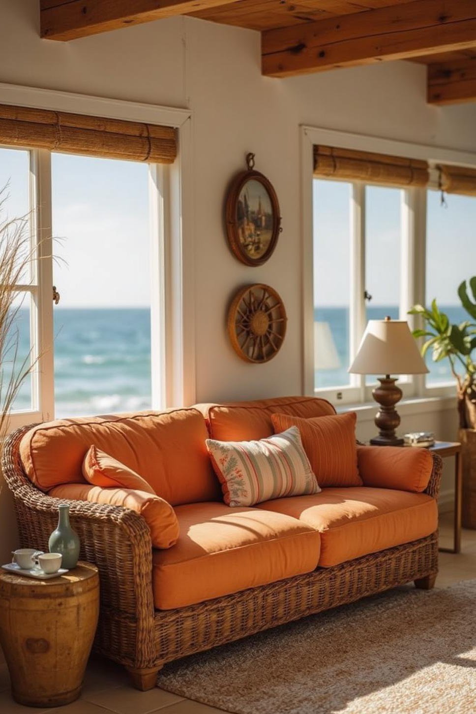 Coastal Burnt Orange Living Room with Wicker