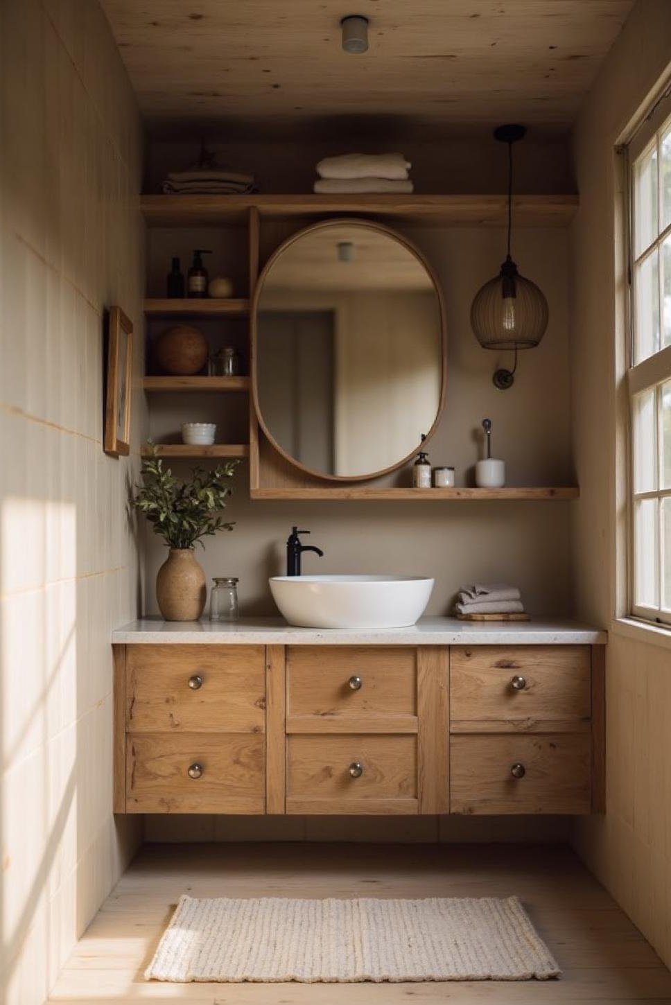 Space-Maximizing Taupe Bathroom with Clever Storage