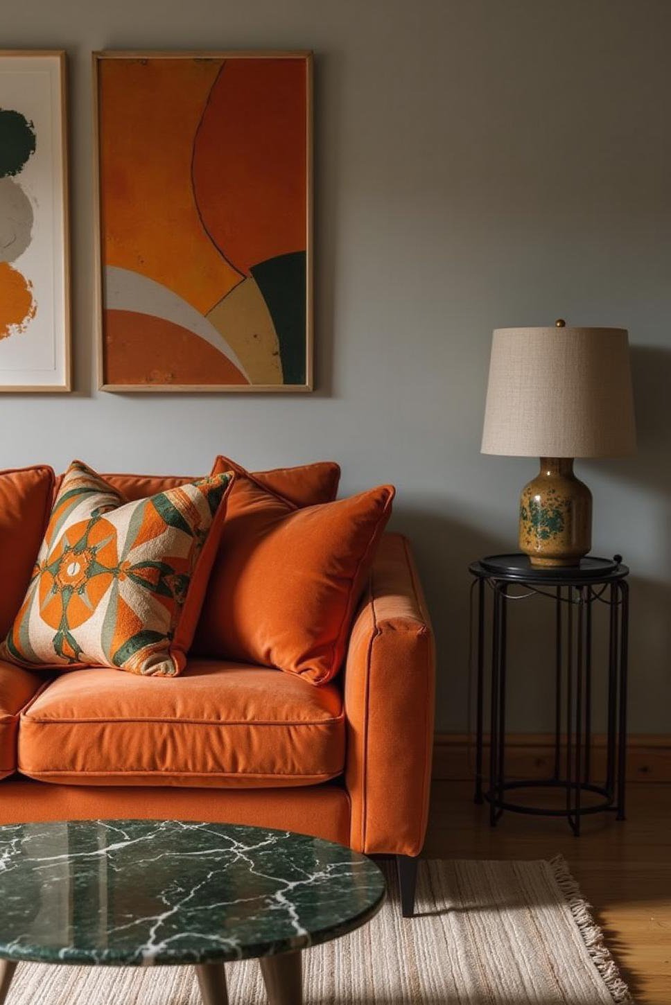 Sophisticated Burnt Orange and Green Living Room