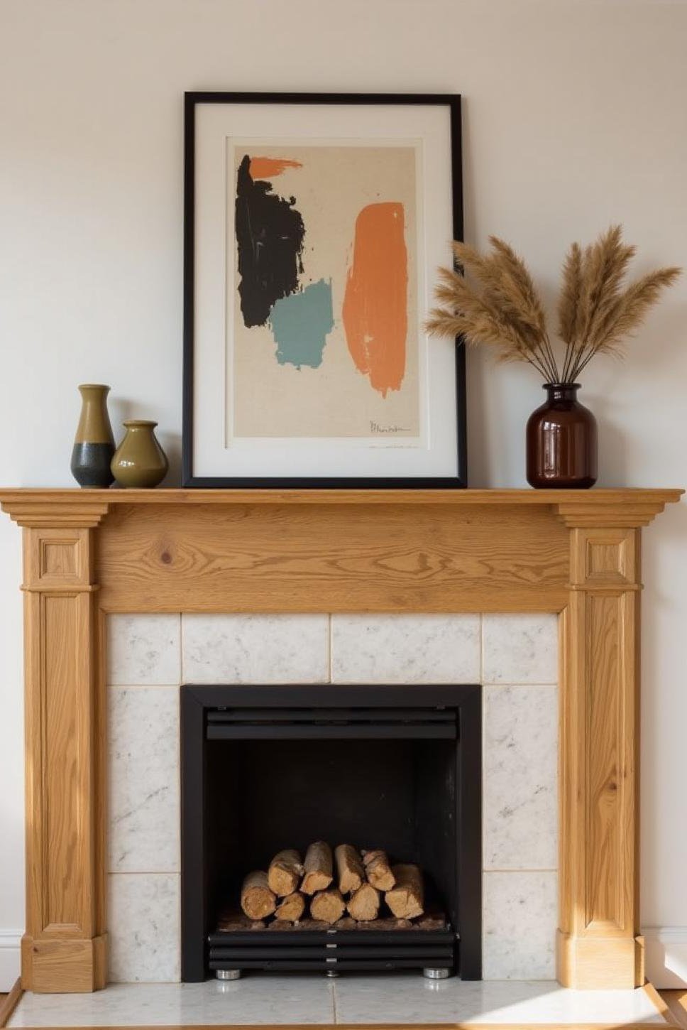 Modern Abstract Art Above a Light Oak Mantel