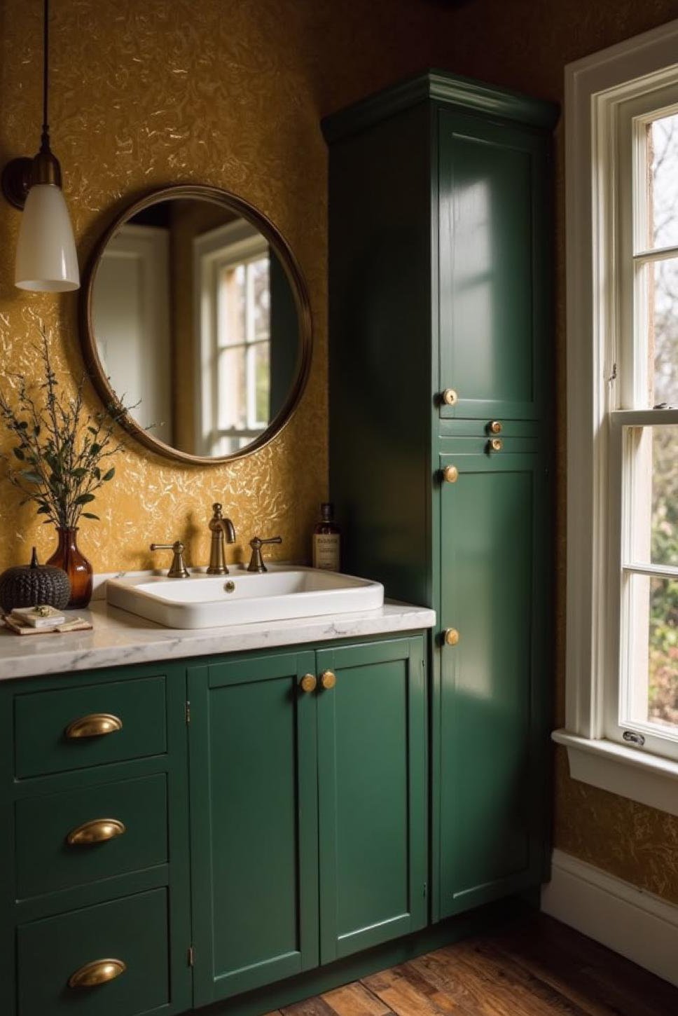 Contemporary Green & Gold Bathroom: Lacquered Cabinets & Texture