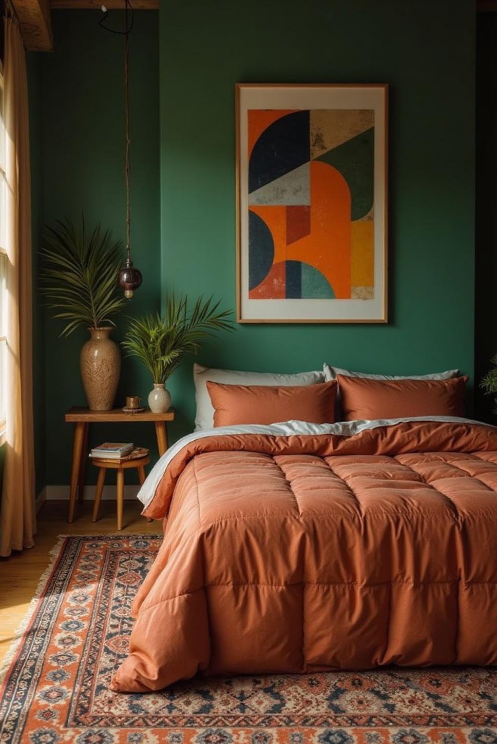 Geometric Green and Terracotta Bedroom Ideas