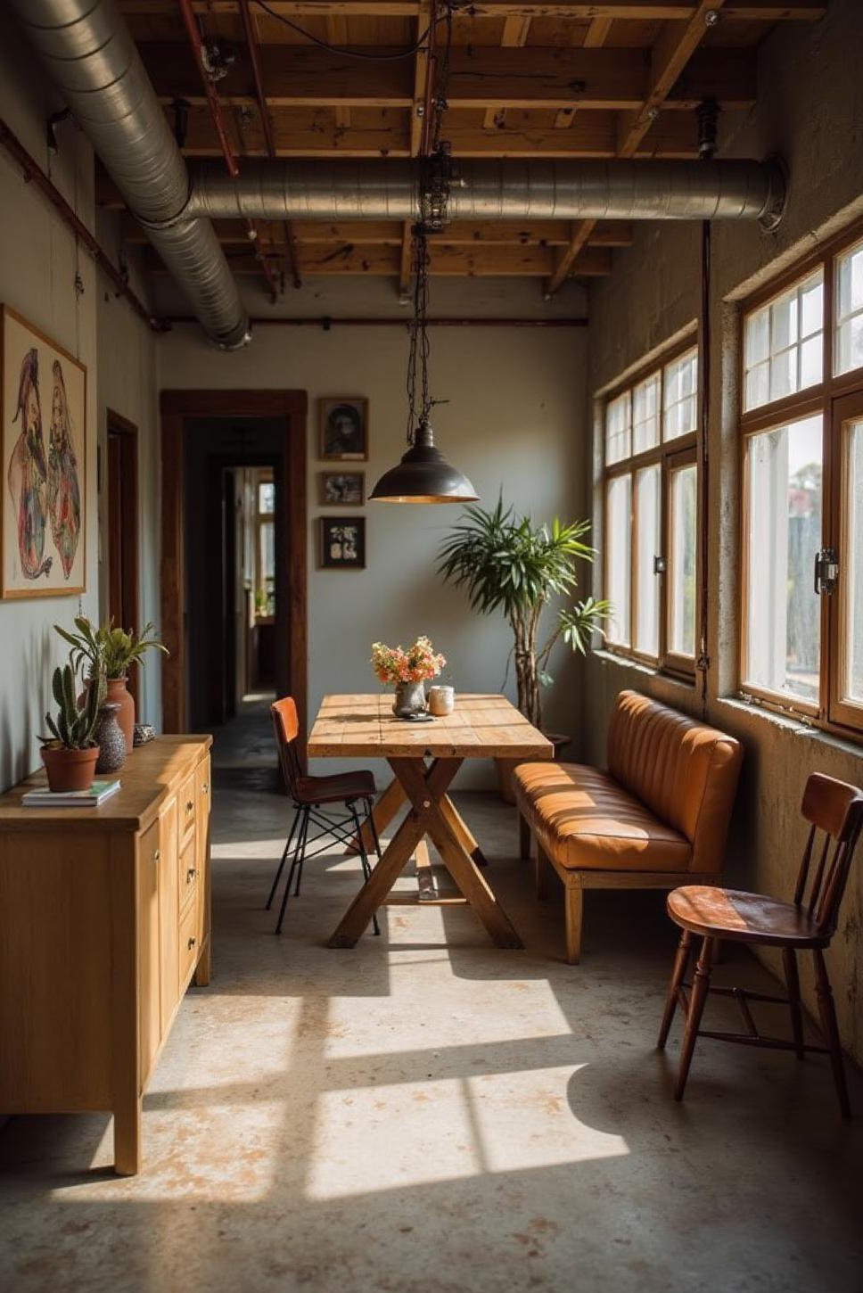 Industrial Chic Narrow Living Room & Dining Combo