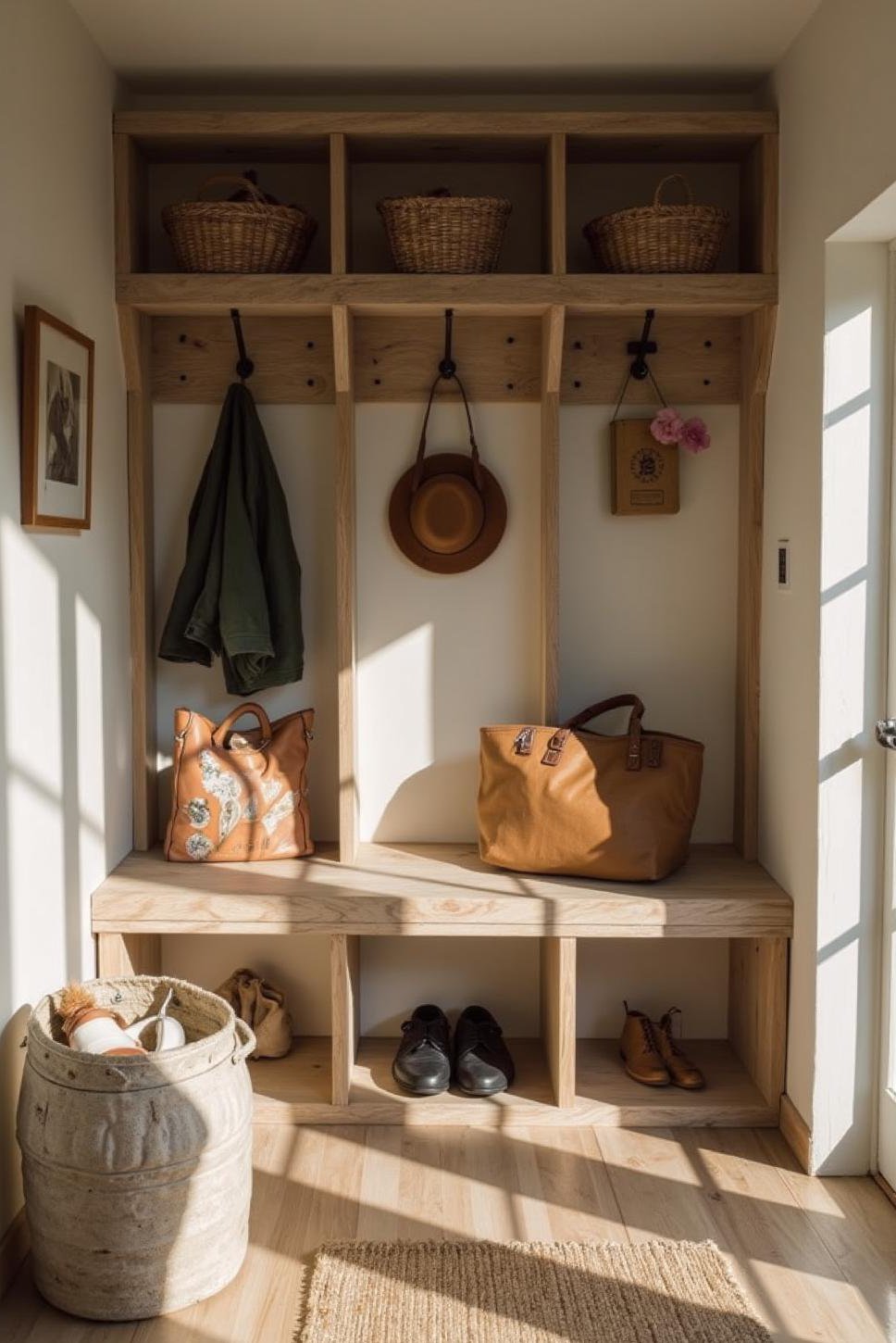 Contemporary Minimalist Mudroom: Open & Closed Storage