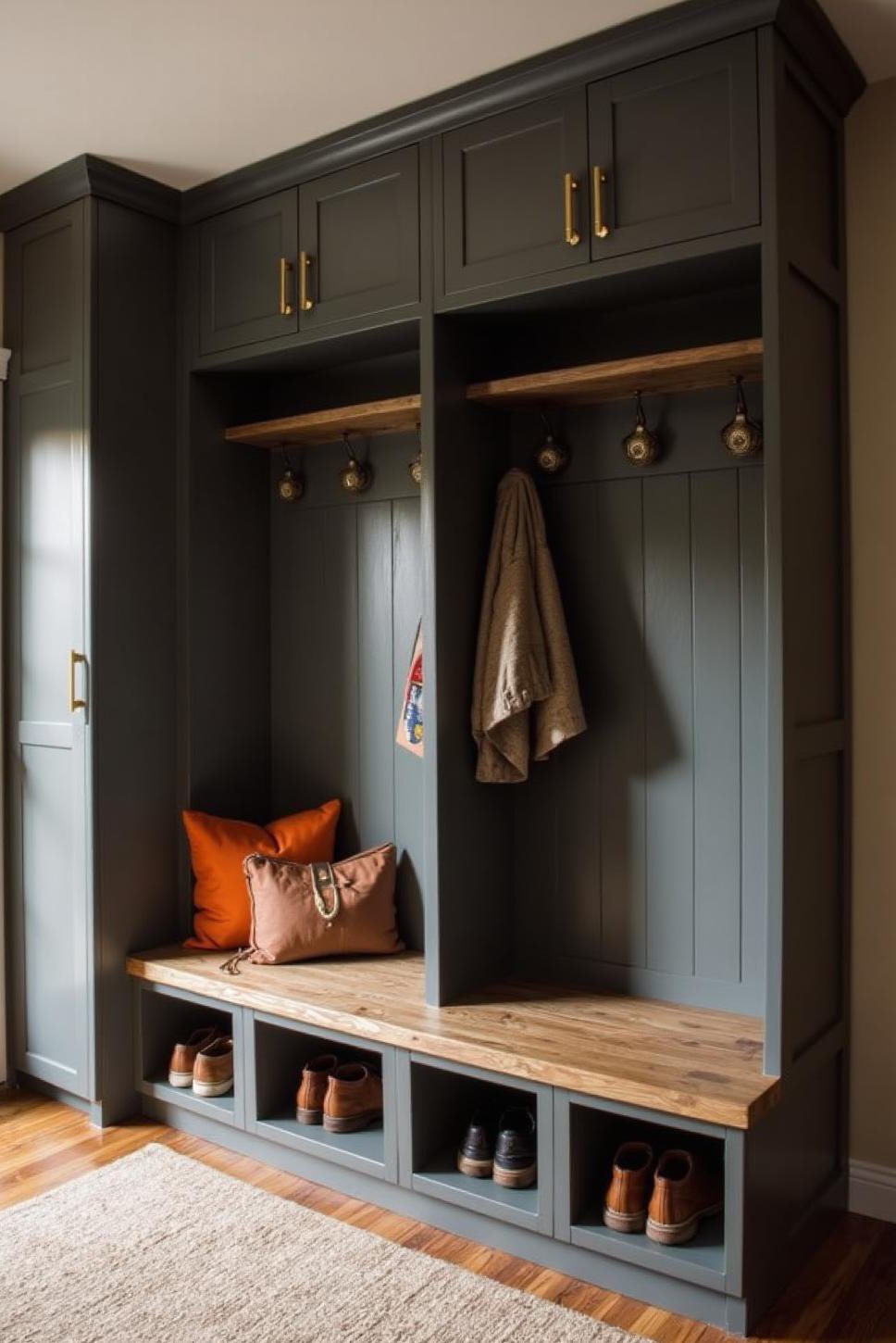 Contemporary Minimalist Mudroom: Dark Grey & Built-Ins