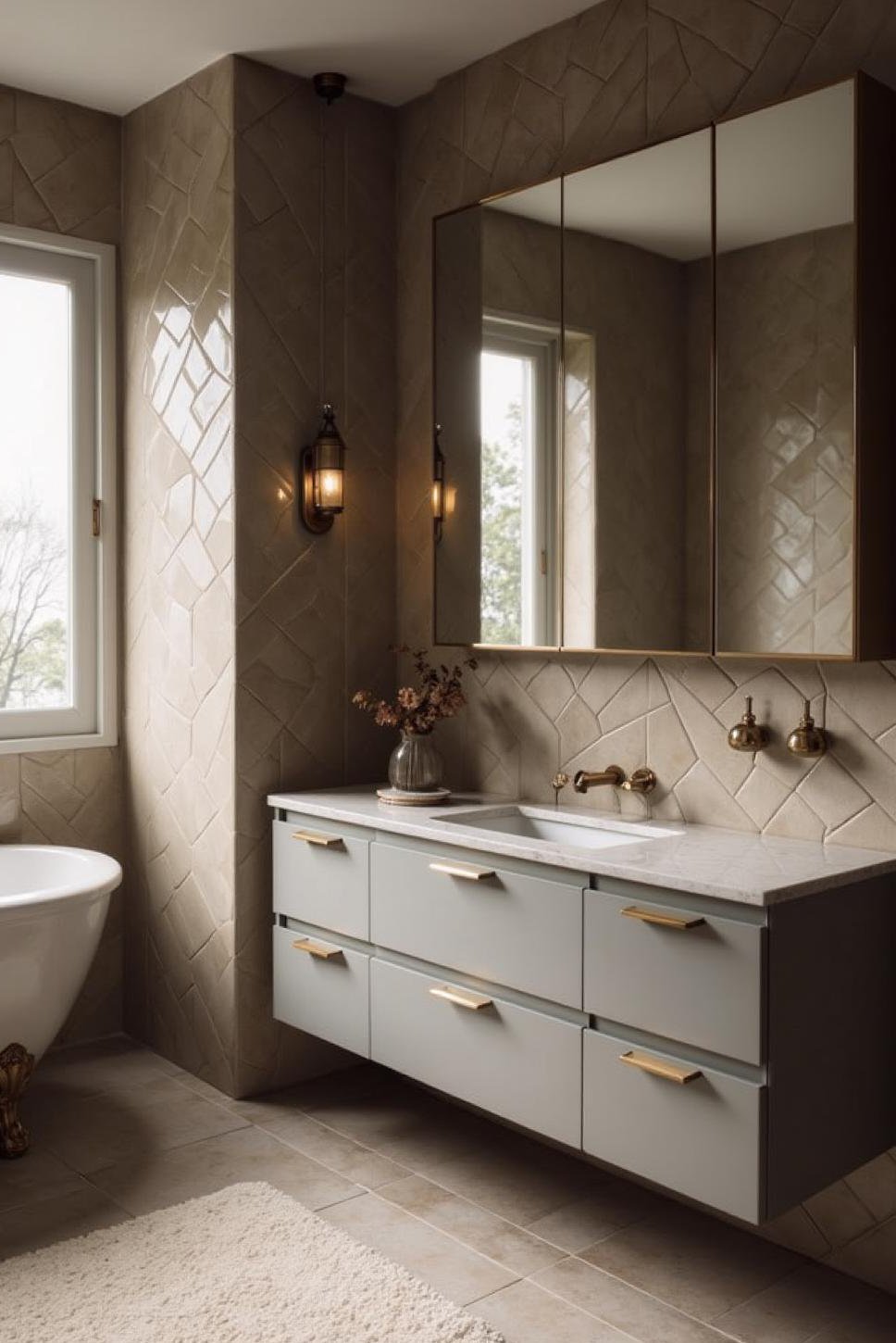 Geometric Taupe & Grey Bathroom Backsplash