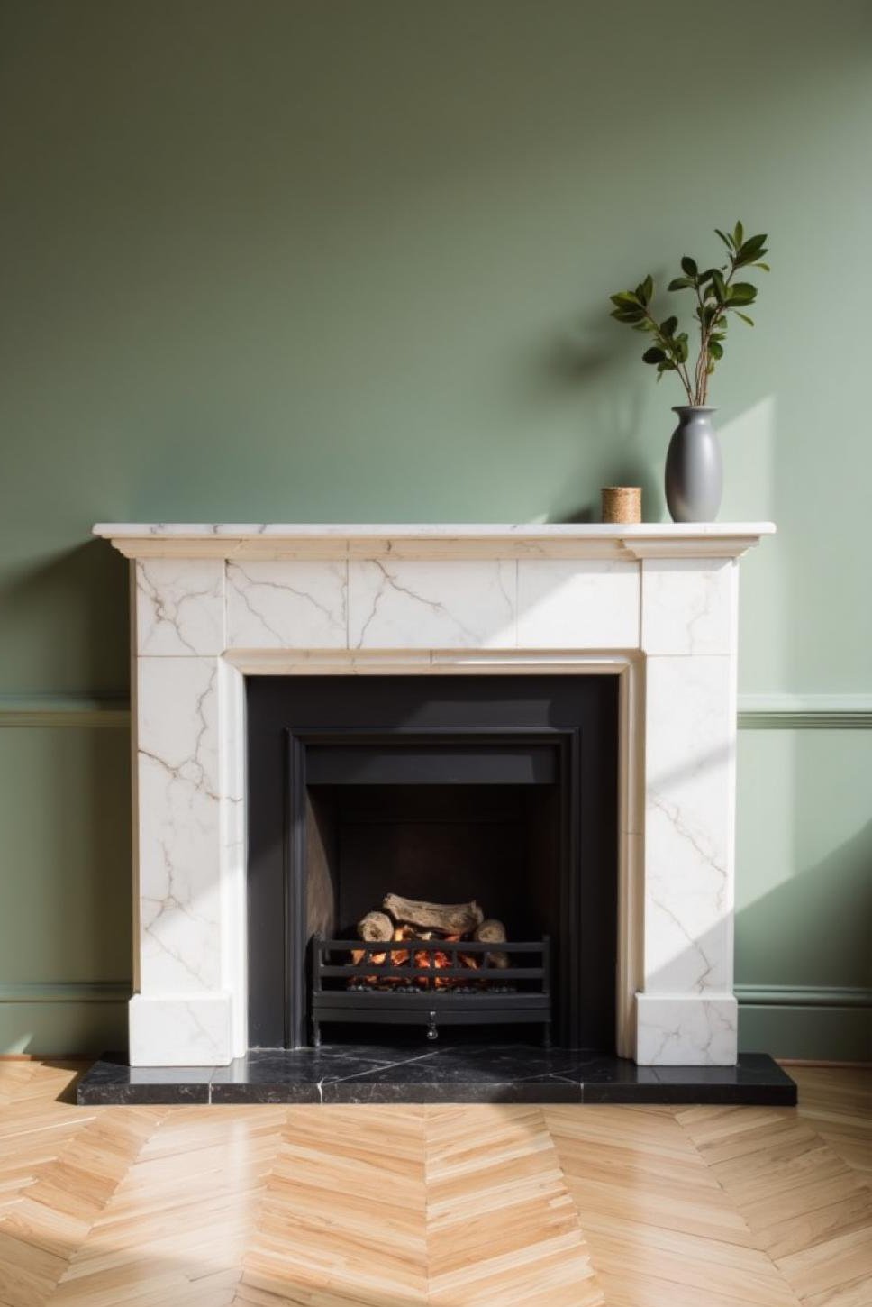 Modern Corner Fireplace: Marble & Green Walls