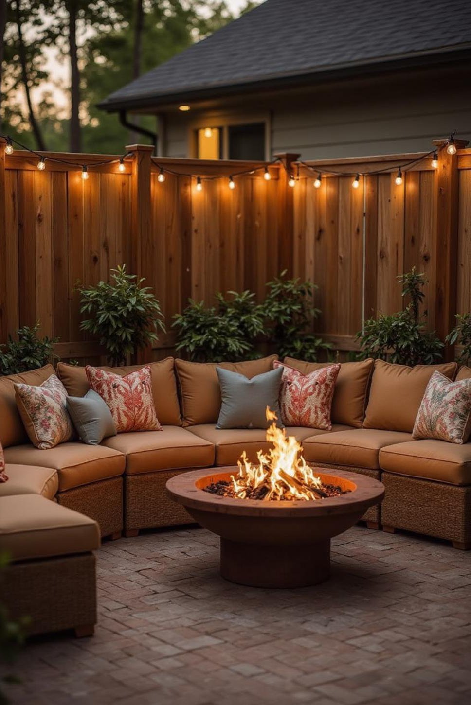 Cozy Backyard Fire Pit: Built-in Seating & String Lights