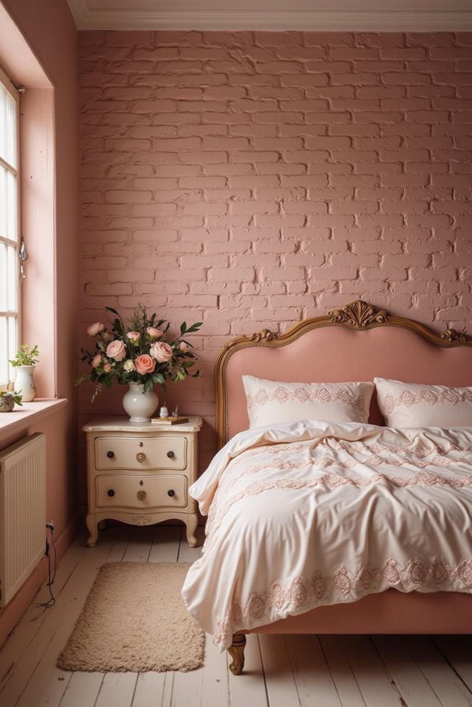 Soft Pink Faux Brick Accent Wall Bedroom