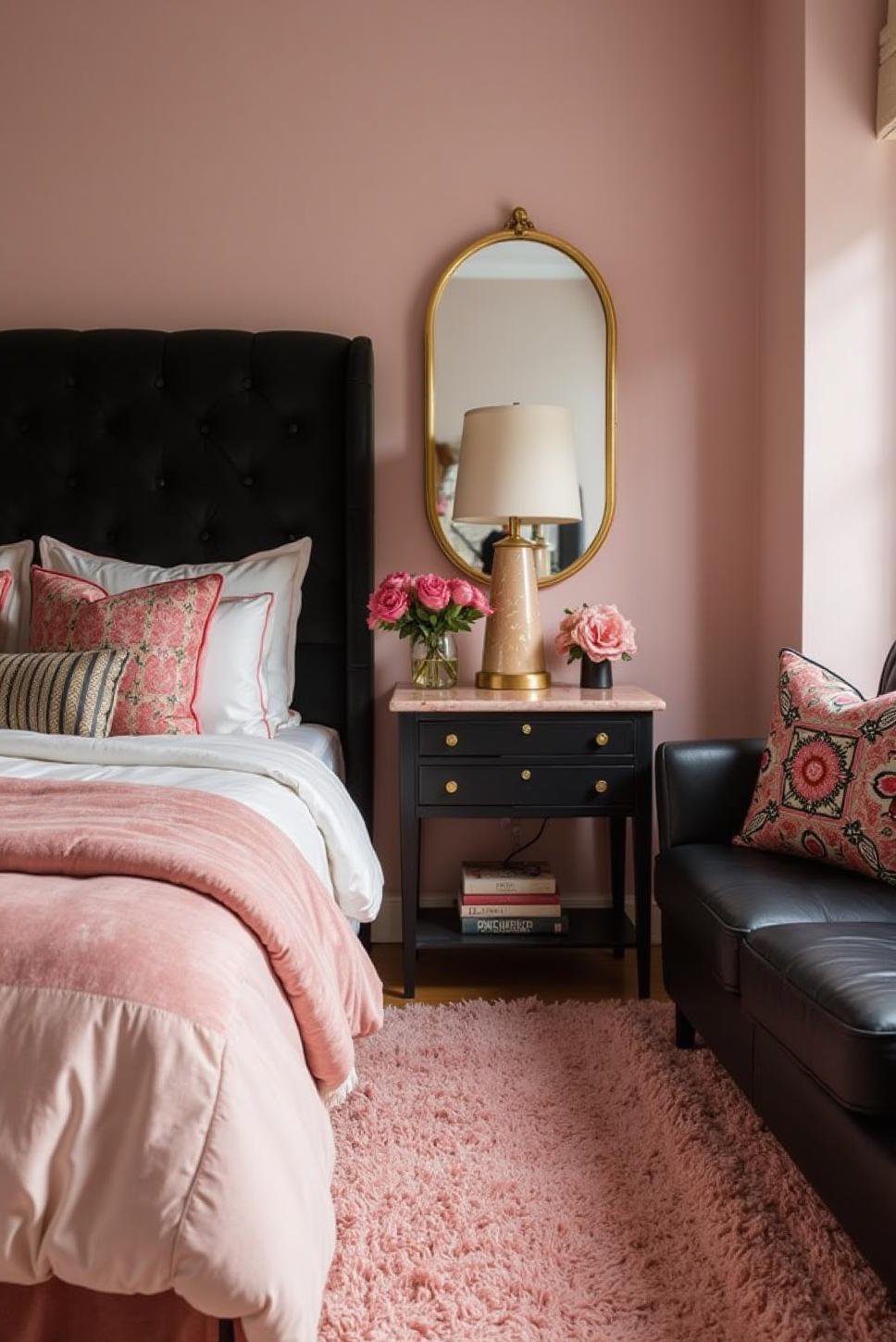 Blush Pink & Black Glam Bedroom Decor Ideas
