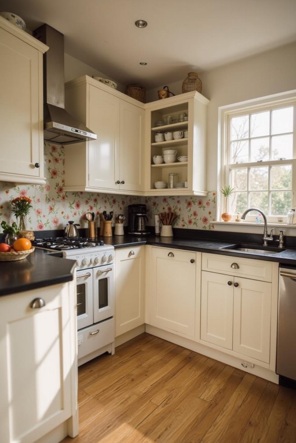 Cozy Cottage Kitchen: White Cabinets & Black Countertops