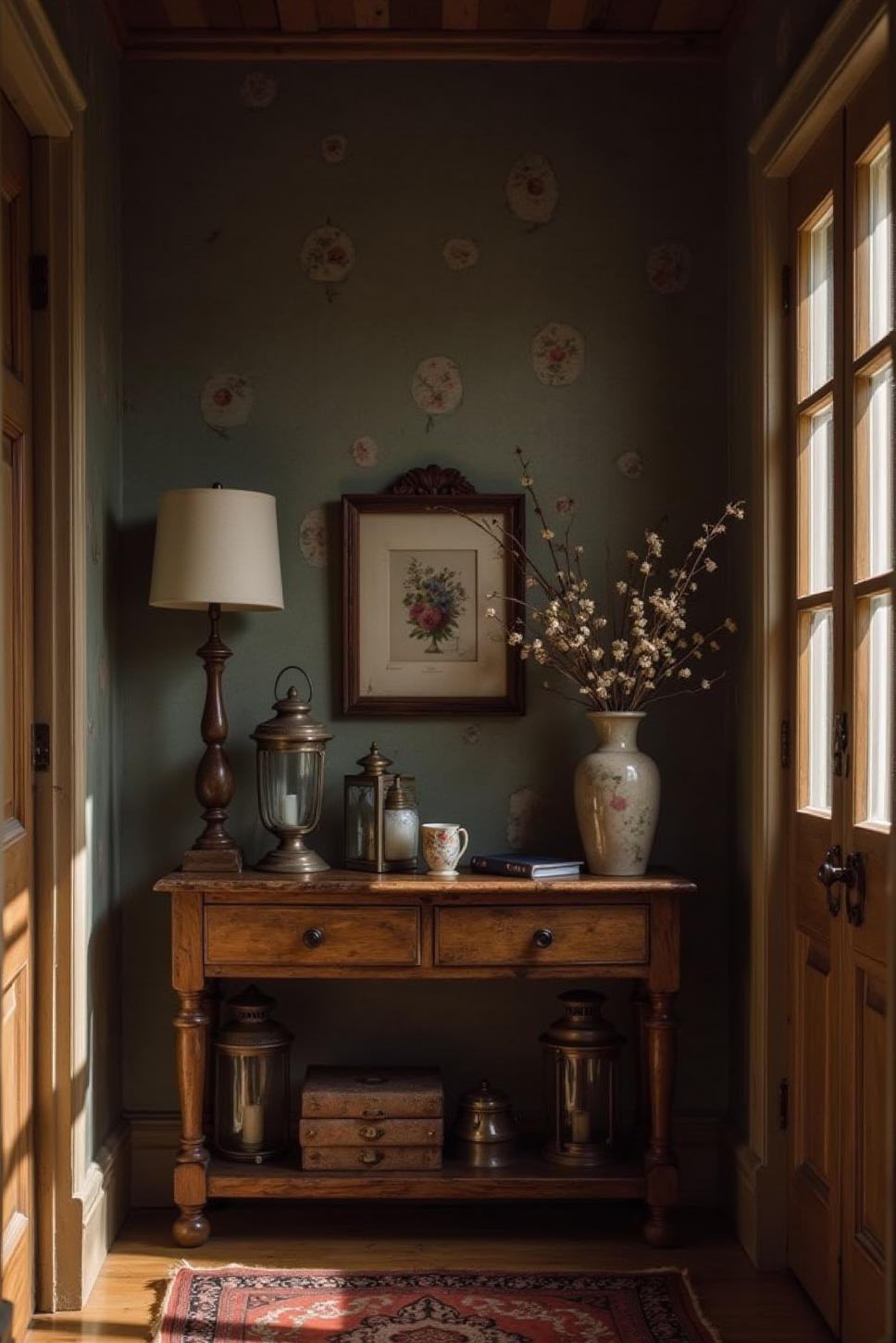 Dark Moody Entryway: Cozy Vintage Lanterns & Wood