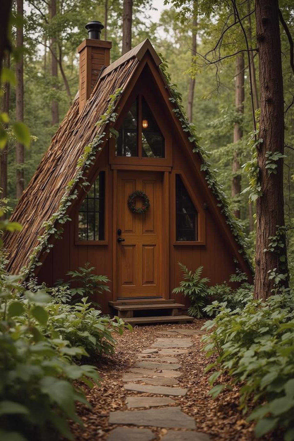 Earthy Brown A-Frame Cabin: Ivy-Covered Seclusion