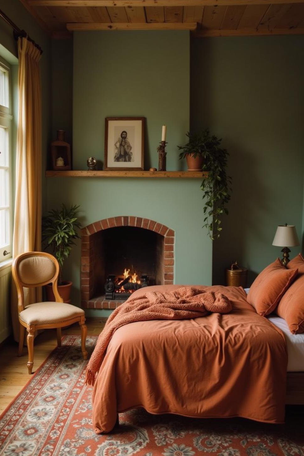 Cozy Green and Terracotta Bedroom with Fireplace