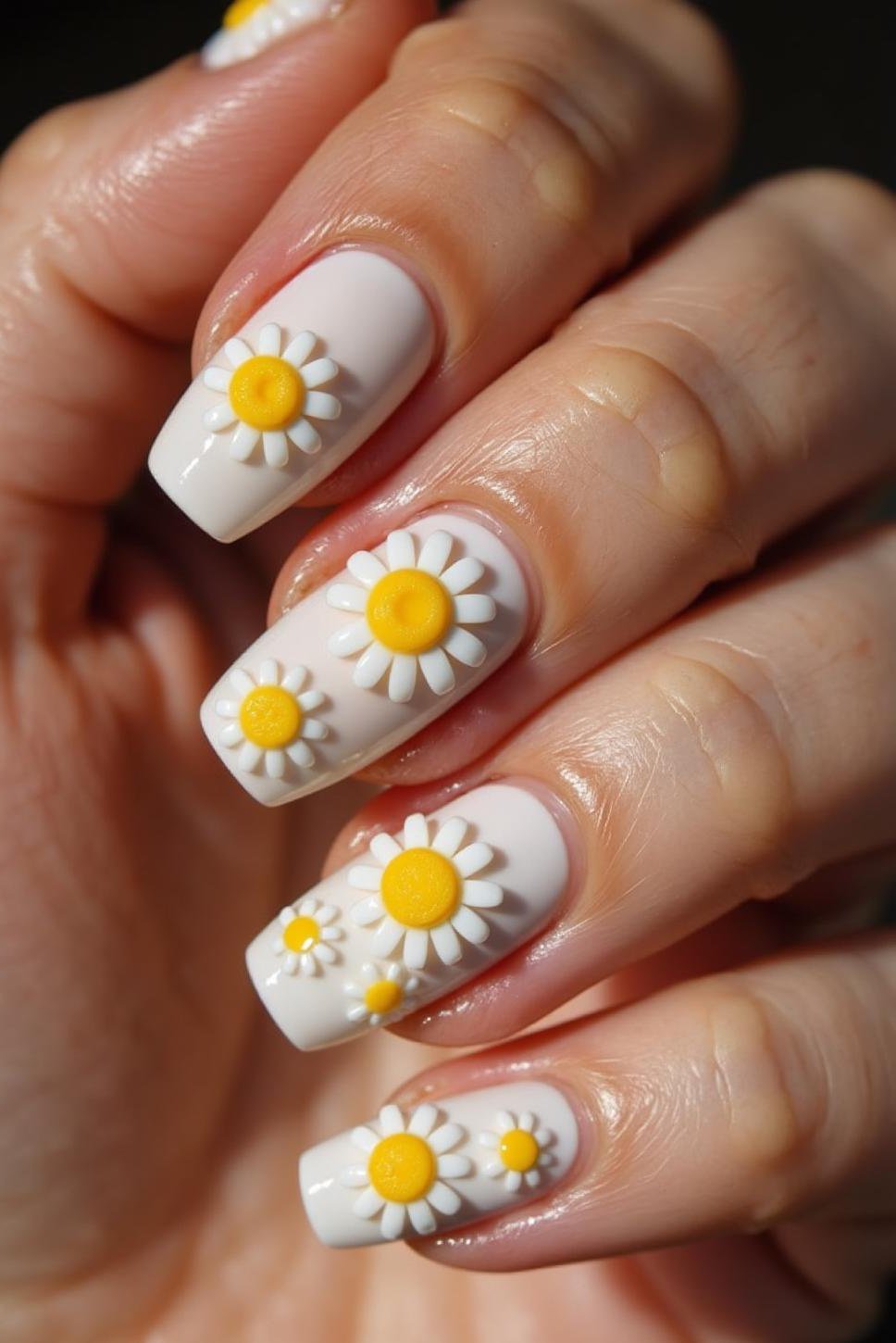 3D Daisy Gel Nails: White & Yellow Accents